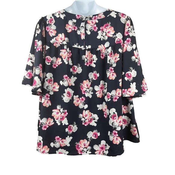 Lane Bryant size 3 X Black Floral Flowy Short Sleeve To Elbows Top - Picture 2 of 8